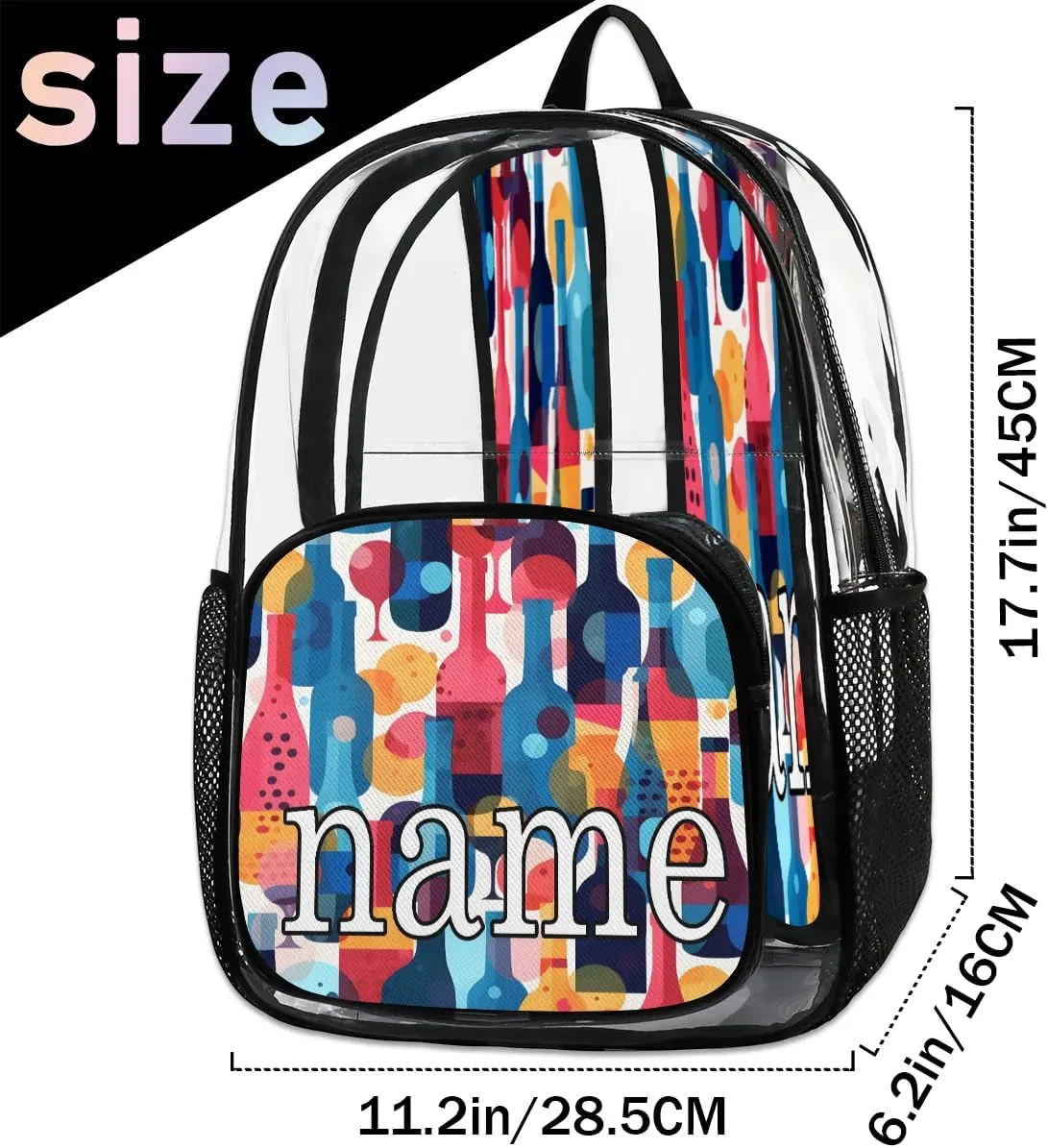 Glasses and Wine Bottles Personalized Clear Backpack Custom Waterproof PVC Transparent Backpack with Name Heavy Duty Transparent Bag for Work Travel Concerts