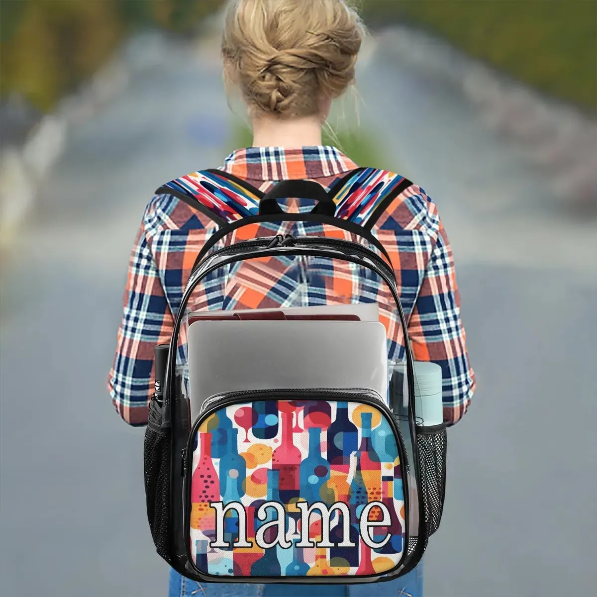 Glasses and Wine Bottles Personalized Clear Backpack Custom Waterproof PVC Transparent Backpack with Name Heavy Duty Transparent Bag for Work Travel Concerts