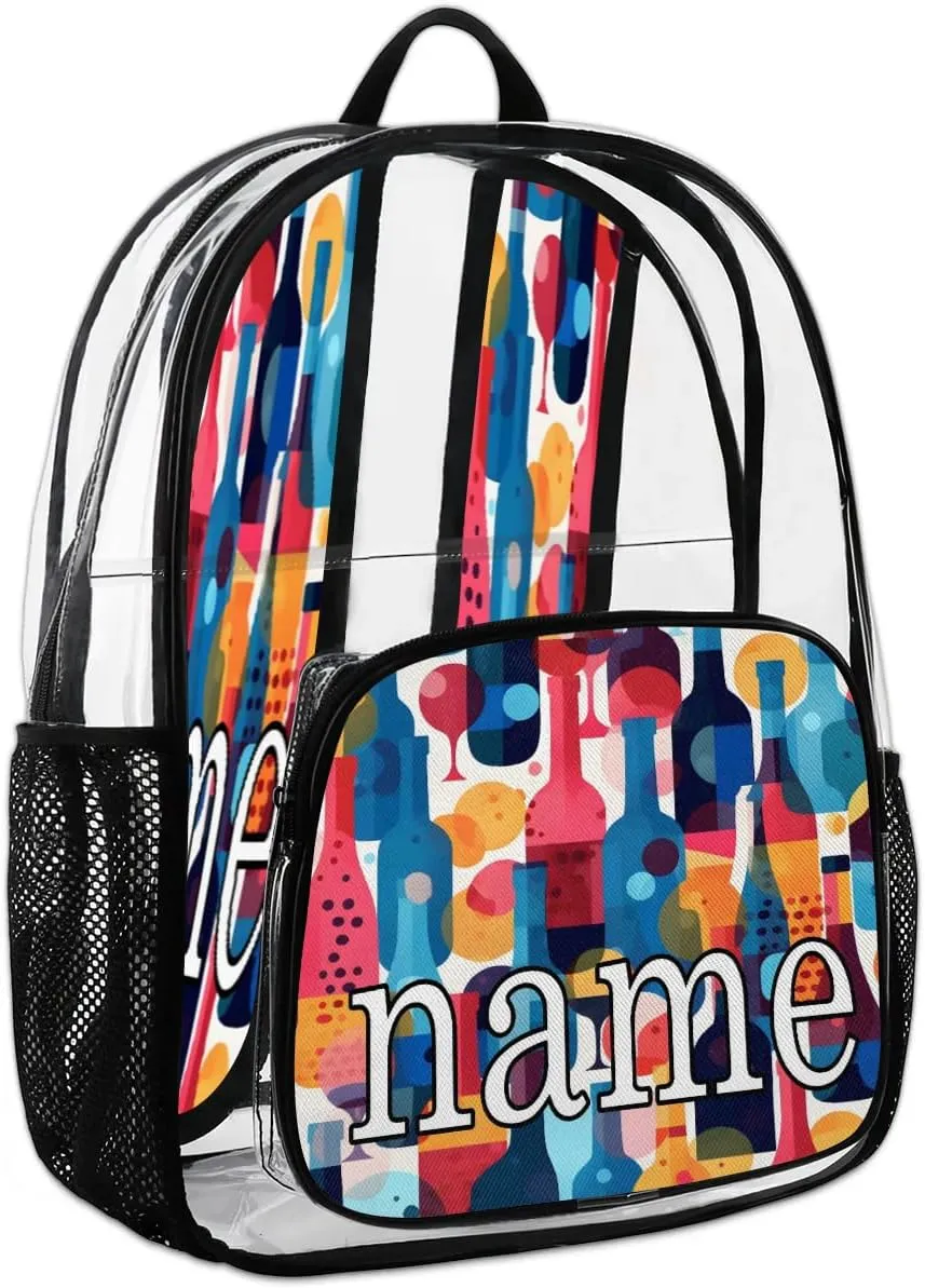 Glasses and Wine Bottles Personalized Clear Backpack Custom Waterproof PVC Transparent Backpack with Name Heavy Duty Transparent Bag for Work Travel Concerts