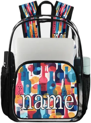 Glasses and Wine Bottles Personalized Clear Backpack Custom Waterproof PVC Transparent Backpack with Name Heavy Duty Transparent Bag for Work Travel Concerts
