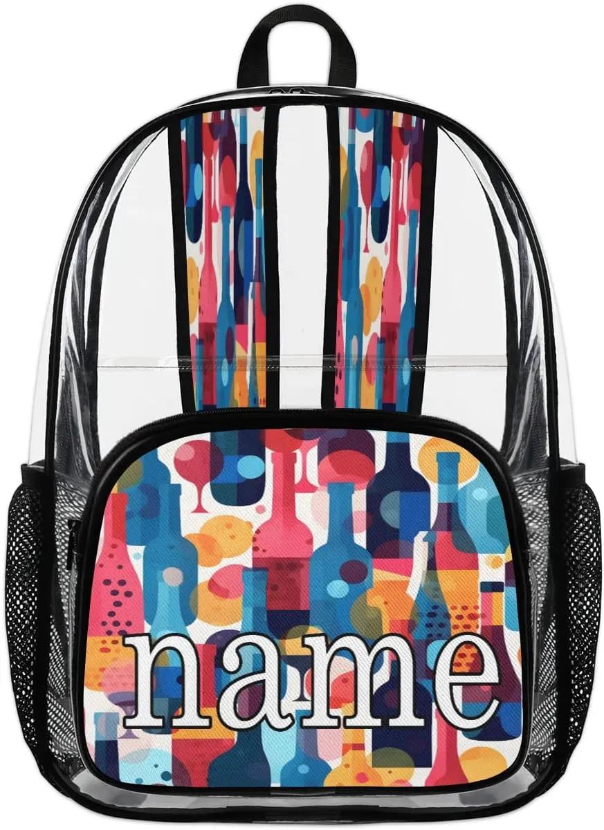 Glasses and Wine Bottles Personalized Clear Backpack Custom Waterproof PVC Transparent Backpack with Name Heavy Duty Transparent Bag for Work Travel Concerts