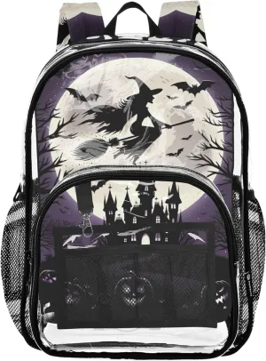 Halloween Witch Pumpkin Funny Clear Backpack for Women Girls Backpack Kids Boys See through Approved Bag
