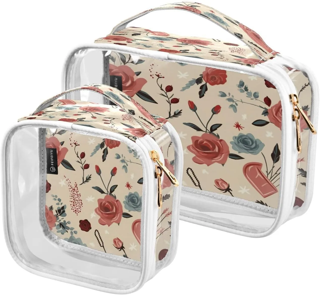 Heart Rose Clear Makeup Bag Travel Toiletry Bag wih Zippers Portable Waterproof Cosmetic Organizer for Women