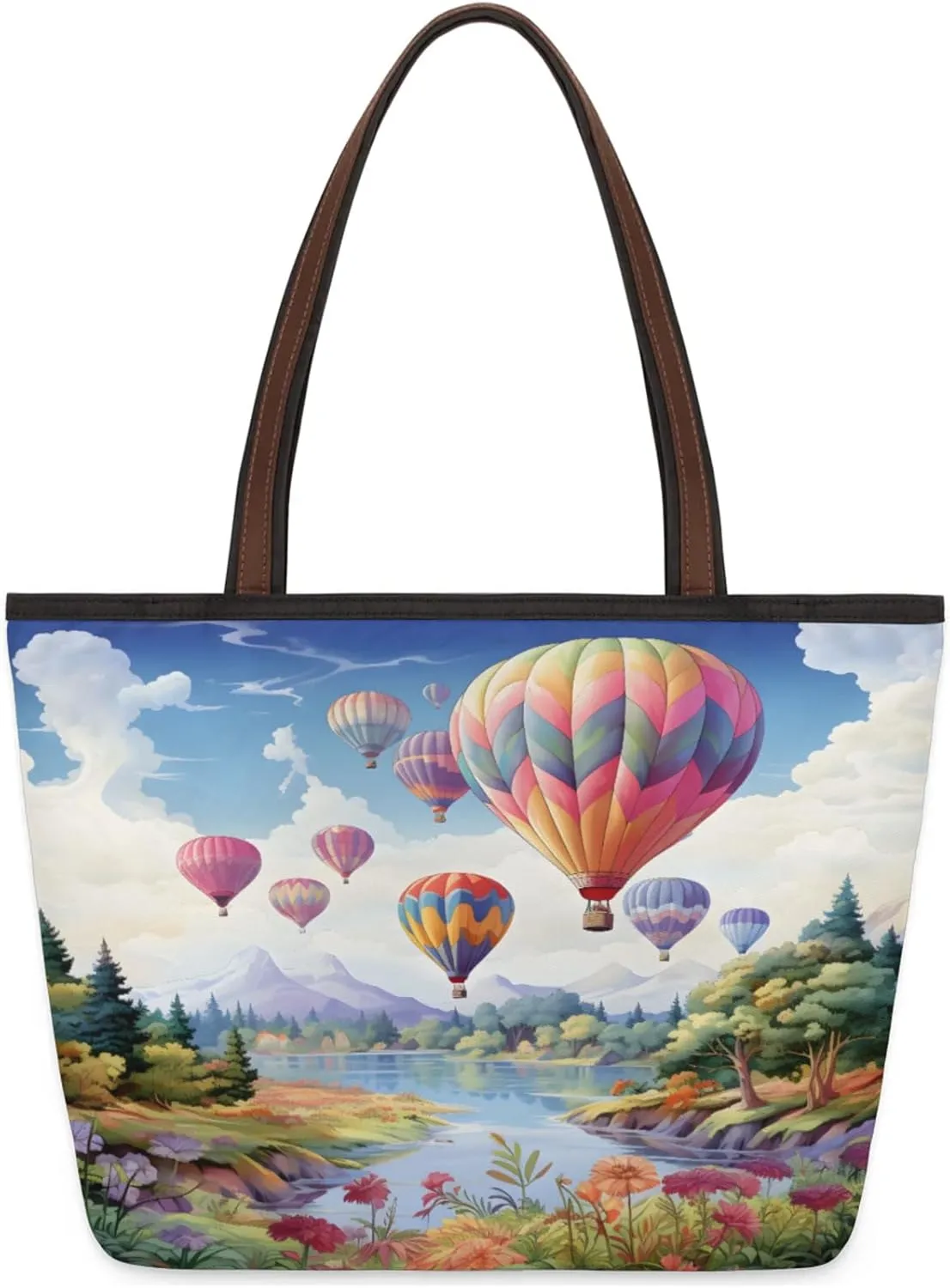 Hot Air Balloon Flower Landscape Tote Bag Multi Pocket Zippered Beach Bag Lightweight Waterproof Handbag