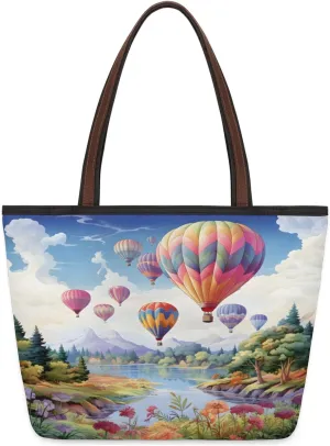 Hot Air Balloon Flower Landscape Tote Bag Multi Pocket Zippered Beach Bag Lightweight Waterproof Handbag