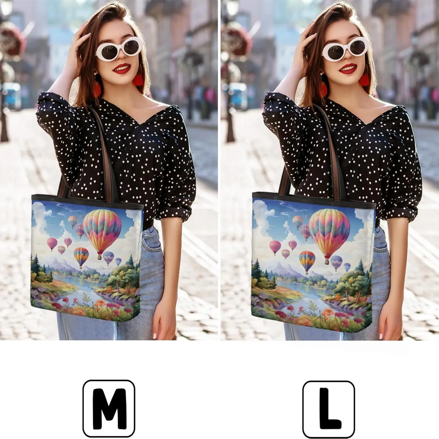 Hot Air Balloon Flower Landscape Tote Bag Multi Pocket Zippered Beach Bag Lightweight Waterproof Handbag