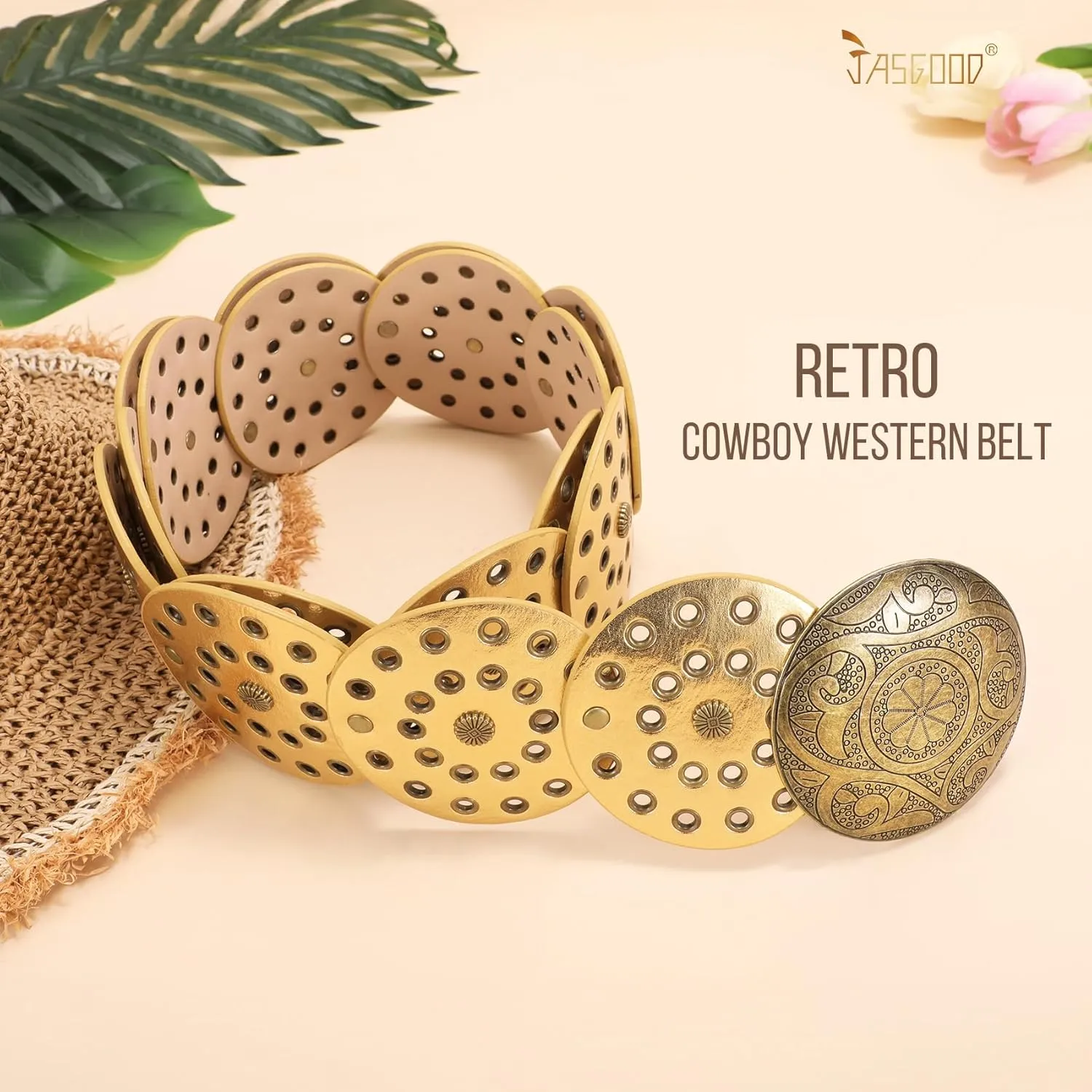 JASGOOD Western Belts for Women Wide Hollow Disc Leather Belt Cowgirl Waist Belt for Jeans Dresses with Metal Buckle