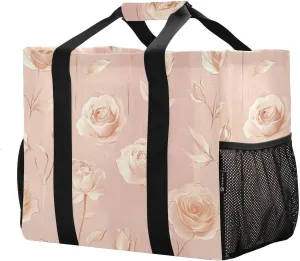 JUNZAN Aesthetic Rose Utility Bag For Trunk Foldable Tote Bag For Beach Waterproof Reusable Grocery Shopping Bags Canvas Car Totes