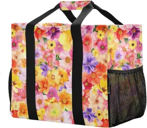 JUNZAN Colored Flowers Utility Totes Foldable Beach Bag Tote With Compartments Shopping Bags Reusable Canvas Laundry Bag Travel