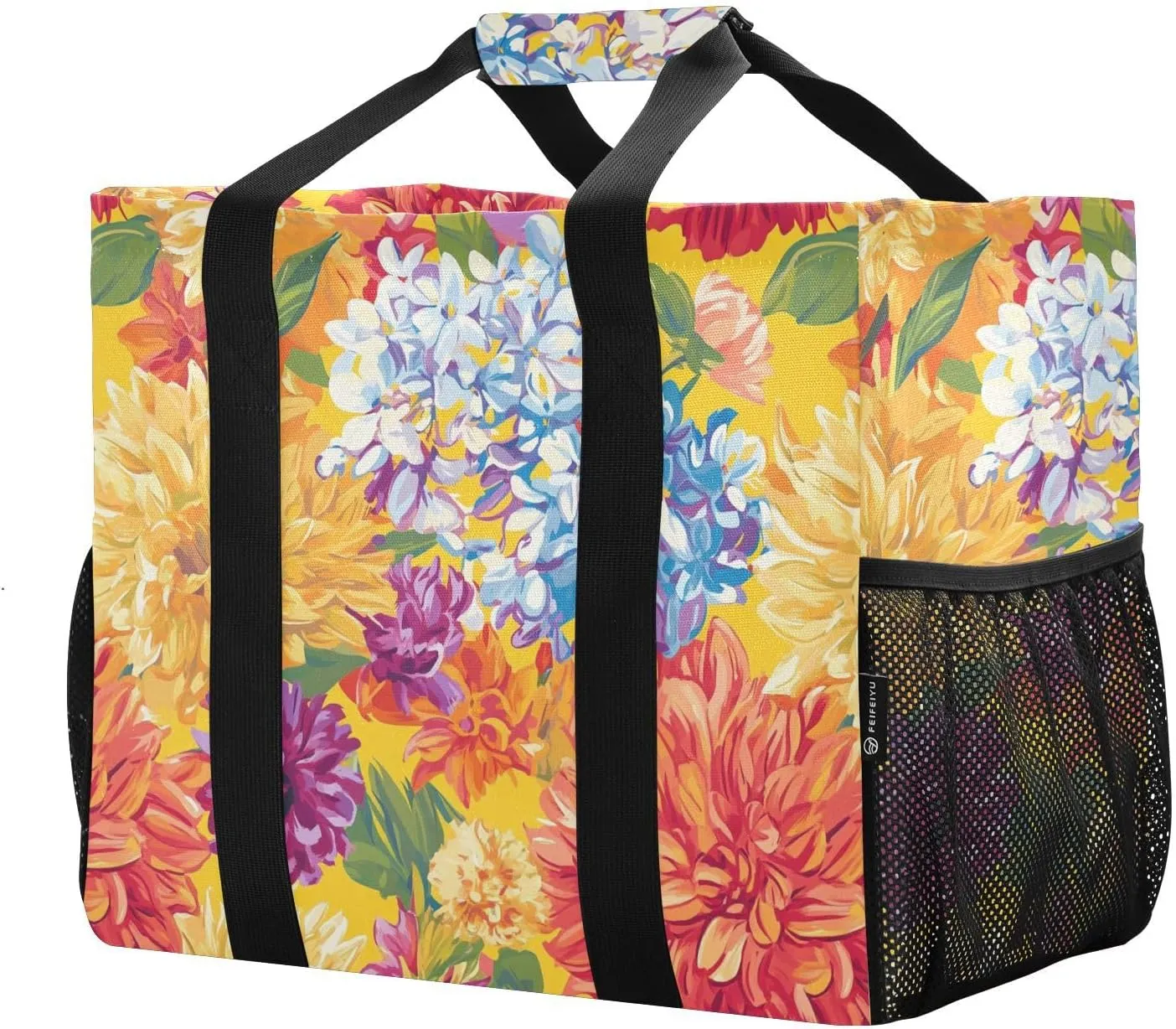 JUNZAN Colored Spring Flowers Utility Bag Foldable Beach Totes Bags Sandproof Reusable Bags For Groceries Canvas Carrying Tote