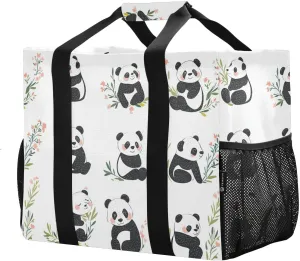 JUNZAN Cute Panda White Utility Bags And Totes Foldable Beach Tote Waterproof Reusable Grocery Shopping Bags Canvas Tote Bag For Car
