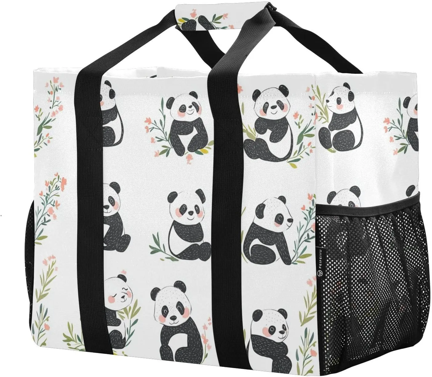 JUNZAN Cute Panda White Utility Bags And Totes Foldable Beach Tote Waterproof Reusable Grocery Shopping Bags Canvas Tote Bag For Car