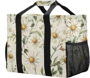 JUNZAN Daisies Flowers Utility Bag For Trunk Foldable Beach Bag Tote Water Resistant Reusable Bags For Groceries Canvas Car Totes