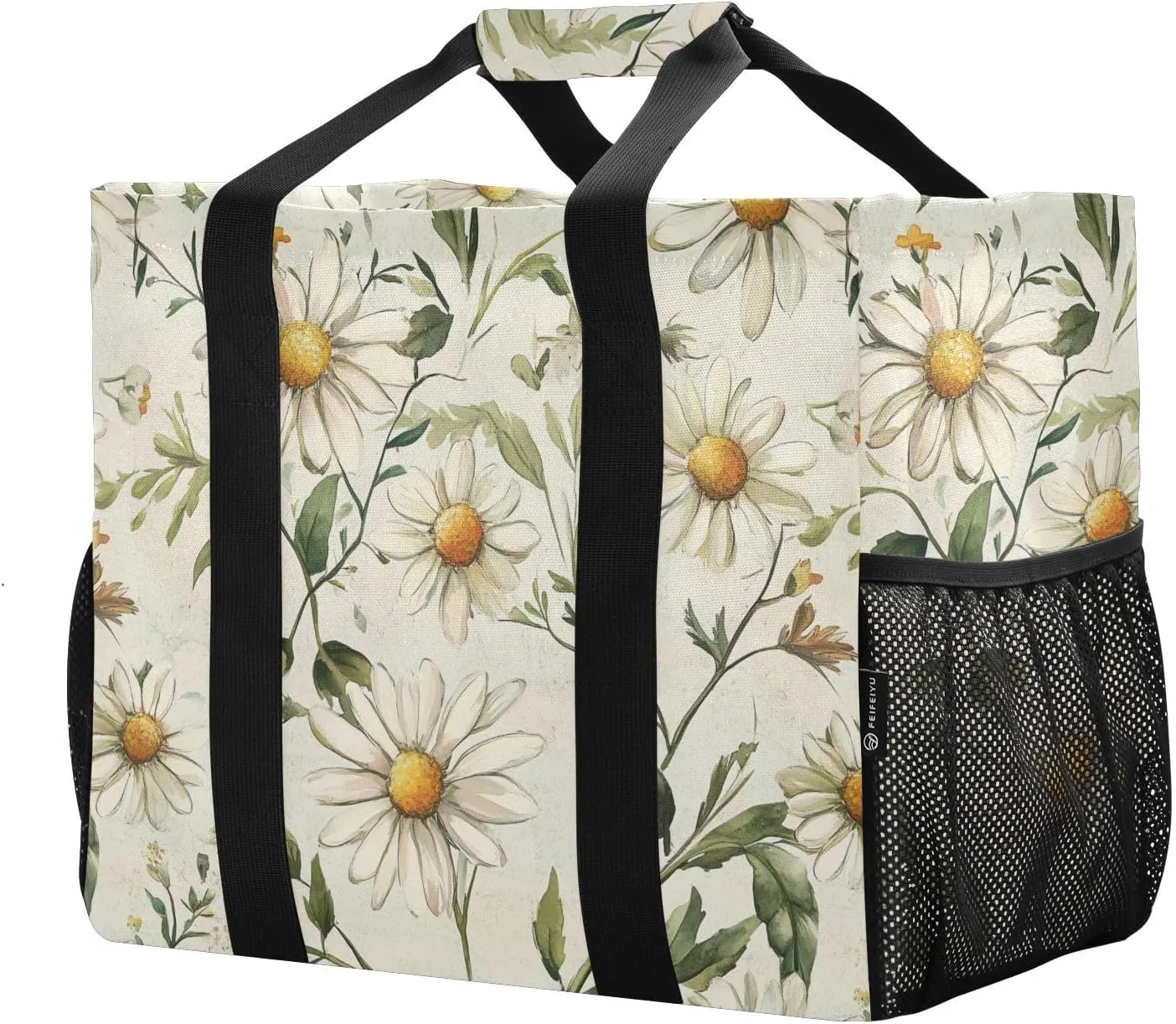 JUNZAN Daisies Flowers Utility Bag For Trunk Foldable Beach Bag Tote Water Resistant Reusable Bags For Groceries Canvas Car Totes