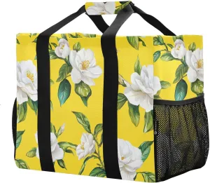 JUNZAN Gardenia Utility Bag Foldable Tote Bag For Beach With Compartments Grocery Bags Reusable with Handles Car Totes