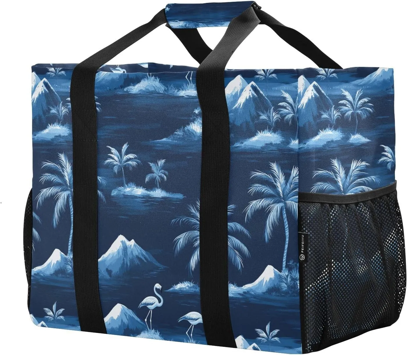 JUNZAN Navy Blue Tropical Utility Bags And Totes Foldable Beach Bag Sandproof Groceries Reusable Bags Canvas Car Tote
