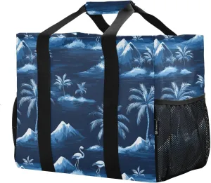 JUNZAN Navy Blue Tropical Utility Bags And Totes Foldable Beach Bag Sandproof Groceries Reusable Bags Canvas Car Tote