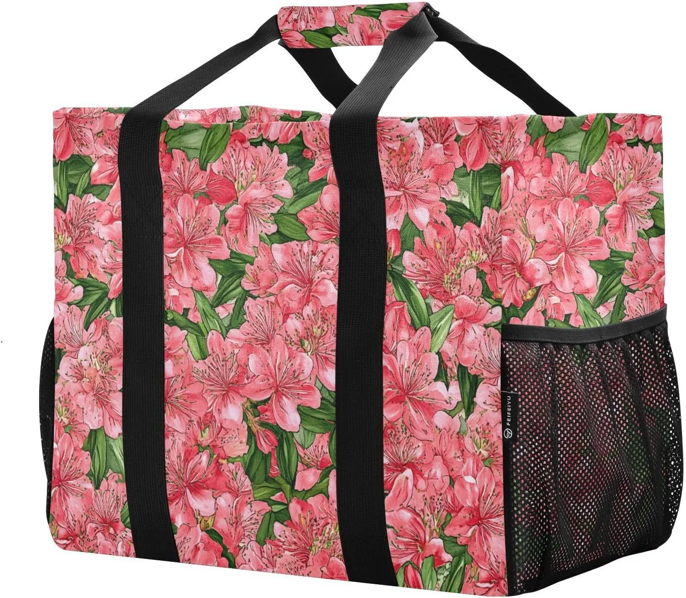 JUNZAN Red Spring Flowers Utility Tote Bags Foldable Tote Bag For Beach Water Resistant Reusable Grocery Bags Canvas Laundry Totes