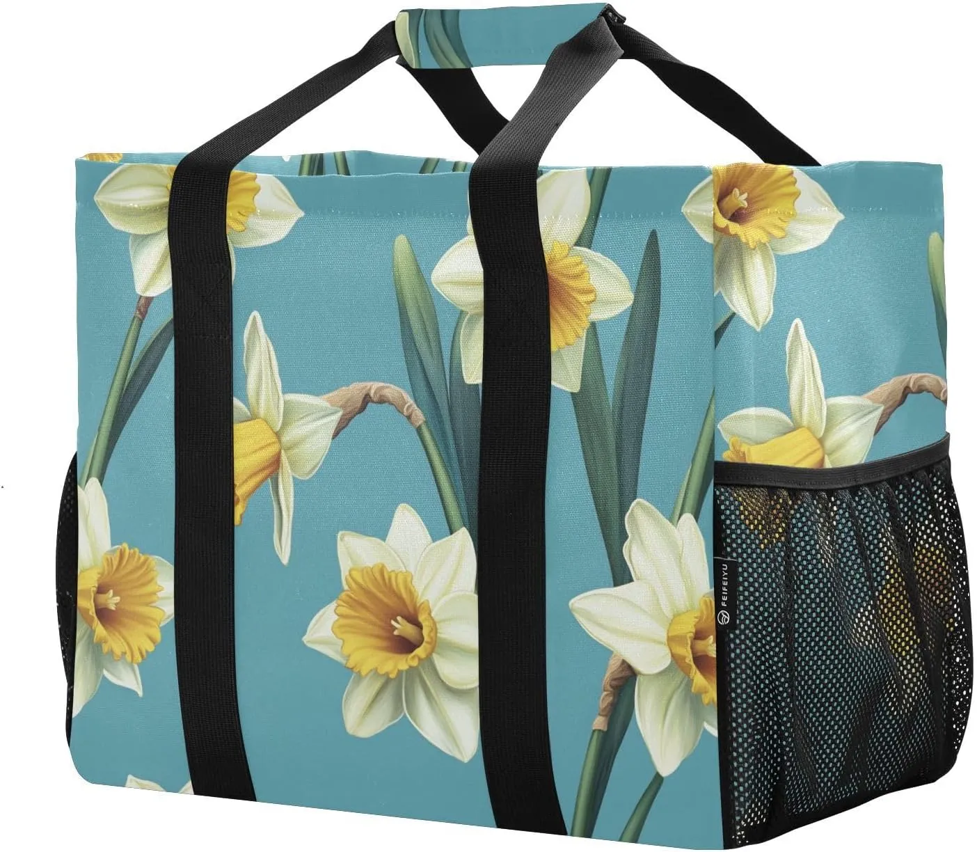 JUNZAN Retro Daffodils Turquoise Tote Utility Bag Foldable Beach Bag Water Resistant Reusable Shopping Bag Canvas Car Totes