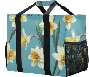 JUNZAN Retro Daffodils Turquoise Tote Utility Bag Foldable Beach Bag Water Resistant Reusable Shopping Bag Canvas Car Totes