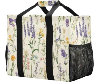 JUNZAN Spring Wildflowers Utility Bags And Totes Foldable Beach Bag Waterproof Grocery Bags Reusable with Handles Carrying Tote