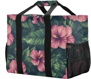 JUNZAN Tropical Hibiscus Flowers Utility Bag For Trunk Foldable Beach Totes Bags Sandproof Reusable Grocery Shopping Bags with Handles Laundry Bag Tote