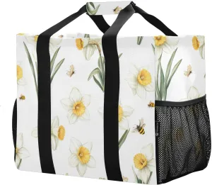 JUNZAN Vintage Daffodil Utility Tote Bags For Women Foldable Beach Tote With Compartments Reusable Bags For Groceries Canvas Car Totes