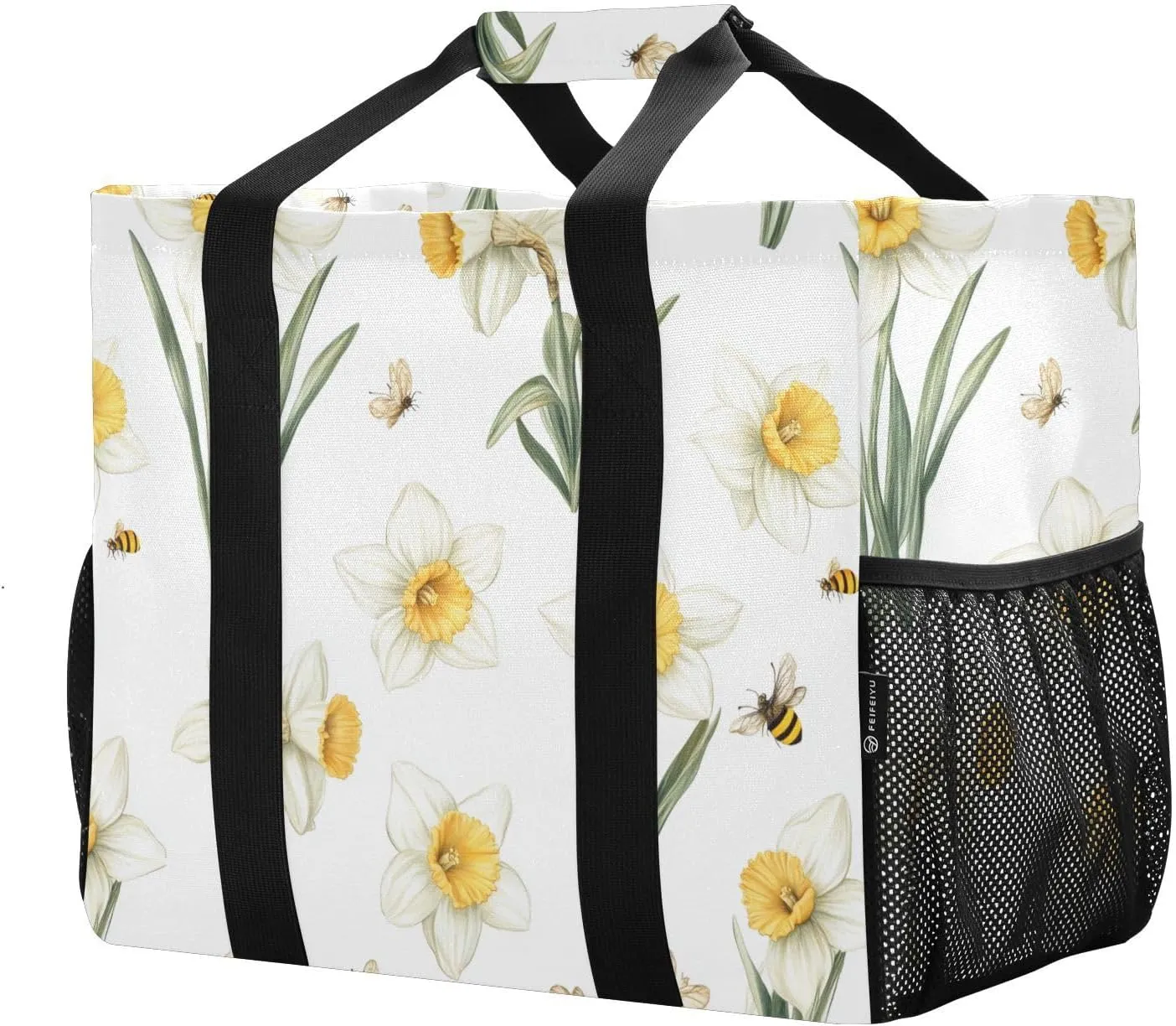 JUNZAN Vintage Daffodil Utility Tote Bags For Women Foldable Beach Tote With Compartments Reusable Bags For Groceries Canvas Car Totes