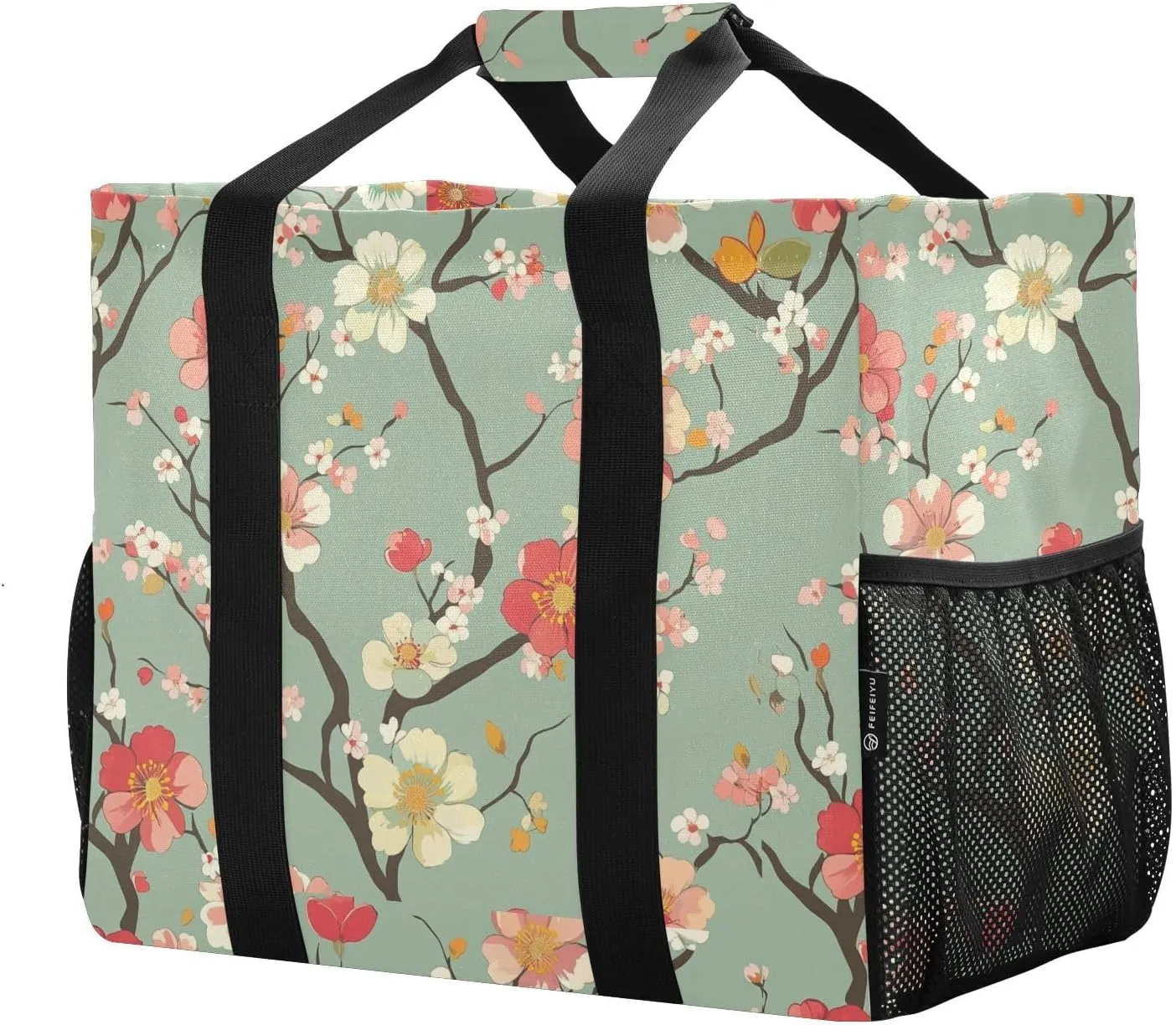 JUNZAN Vintage Florals Utility Bags Foldable Tote Bag For Beach With Compartments Reusable Grocery Bag with Handles Car Totes