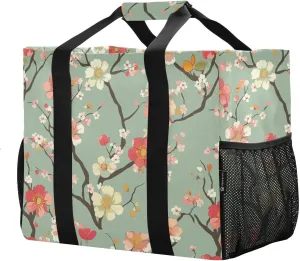 JUNZAN Vintage Florals Utility Bags Foldable Tote Bag For Beach With Compartments Reusable Grocery Bag with Handles Car Totes