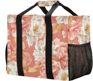 JUNZAN Vintage Peonies Large Utility Tote Bag Foldable Beach Totes Bags With Compartments Groceries Reusable Bags with Handles Laundry Carrying Bag