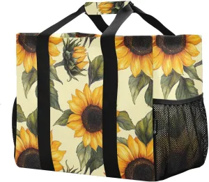 JUNZAN Yellow Sunflowers Utility Bags And Totes Collapsable Large Beach Bag With Pockets Reusable Grocery Shopping Bags with Handles Laundry Bag Travel Beige