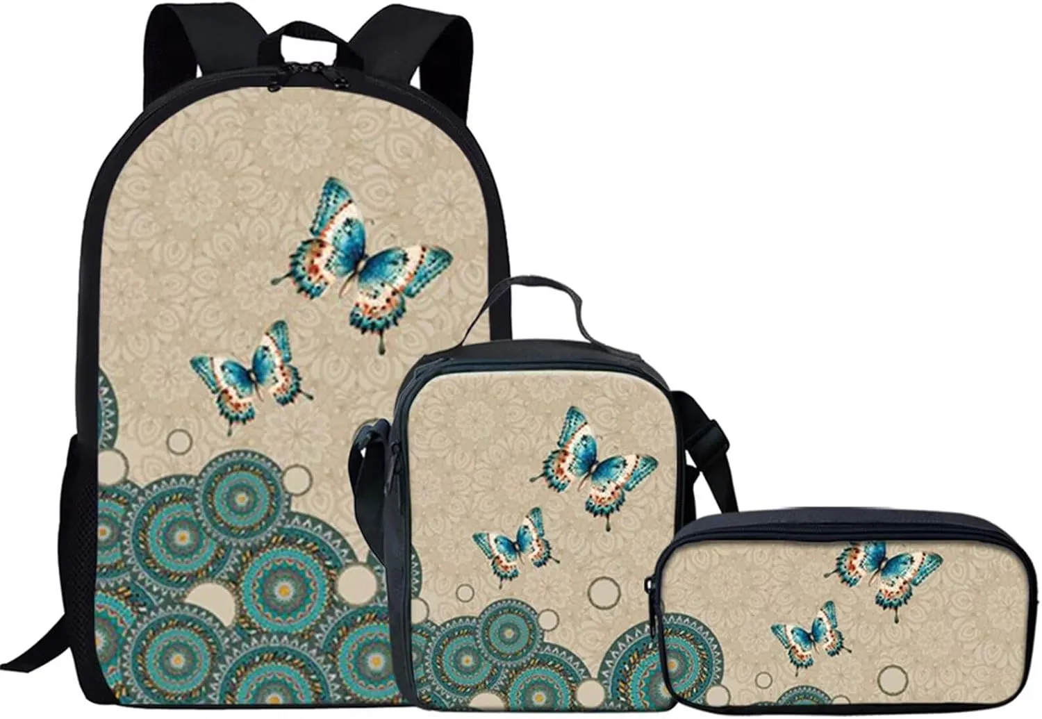 KEIAHUAN Boho Butterfly Print Backpack for School Girls Shoulder Schoolbags Lightweight Portable School Bookbags Laptop Backpack with Lunch Box Pencil Case