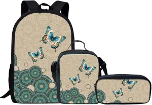 KEIAHUAN Boho Butterfly Print Backpack for School Girls Shoulder Schoolbags Lightweight Portable School Bookbags Laptop Backpack with Lunch Box Pencil Case