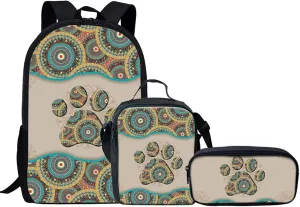 KEIAHUAN Boho Paw Print Backpack for School Boys Girls Large Capacity Schoolbag Shoulder Schoolbags with Insulated Lunch Box Pencil Case