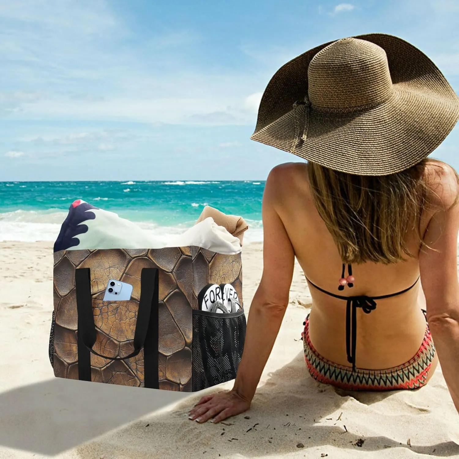KLL Beach Bag with Handles Collapsable With Compartments Carry Tote