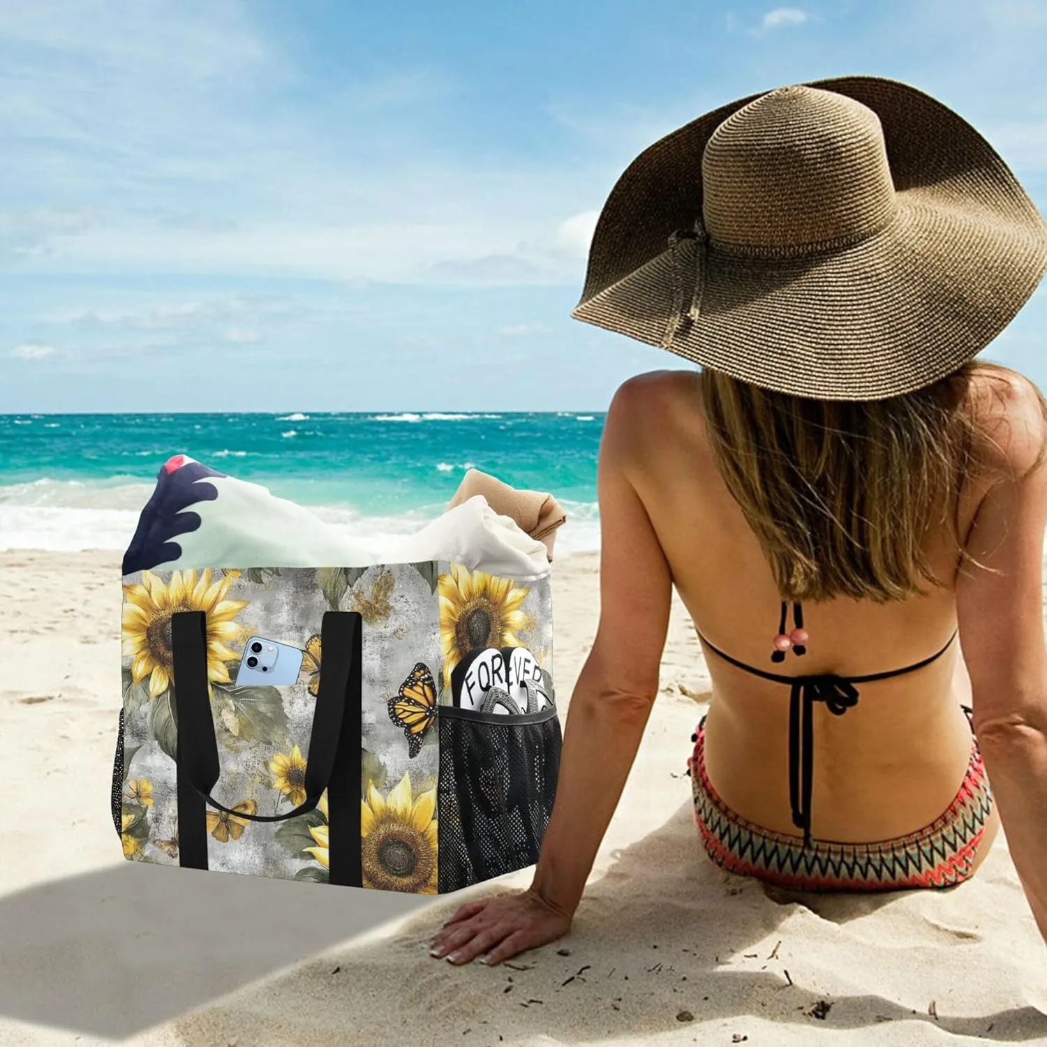 KLL Beach Tote Bag with Handles Collapsable With Pockets Reusable Shopping Bag