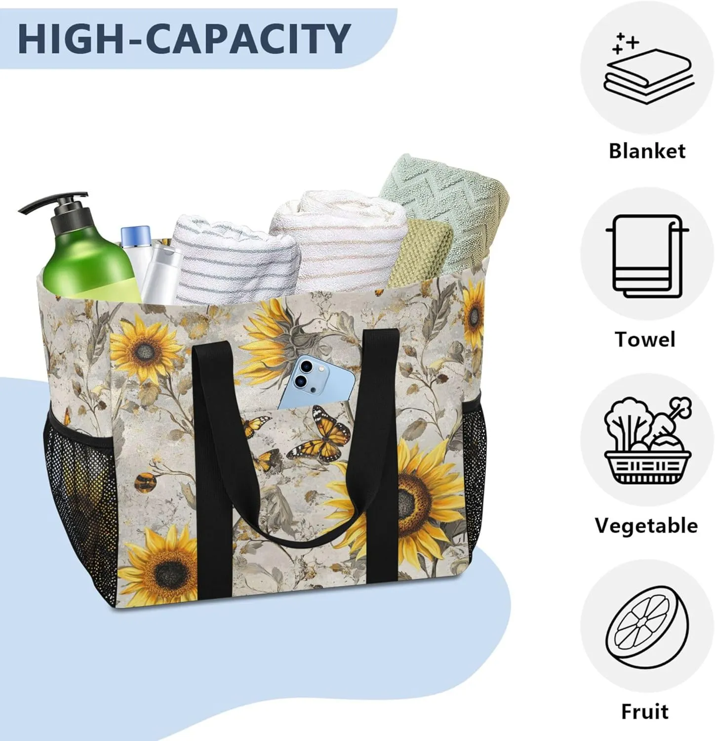 KLL Beach Tote Bag with Handles Collapsable With Pockets Reusable Shopping Bag