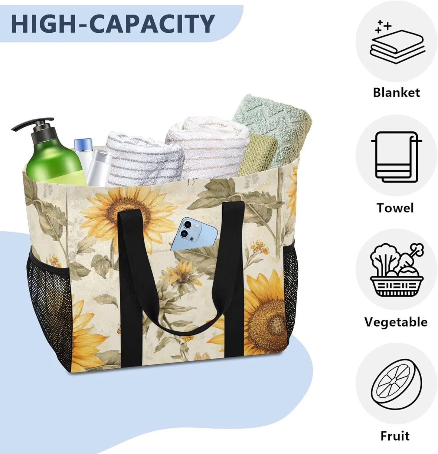 KLL Beach Tote Bag with Handles Collapsable With Pockets Reusable Shopping Bag