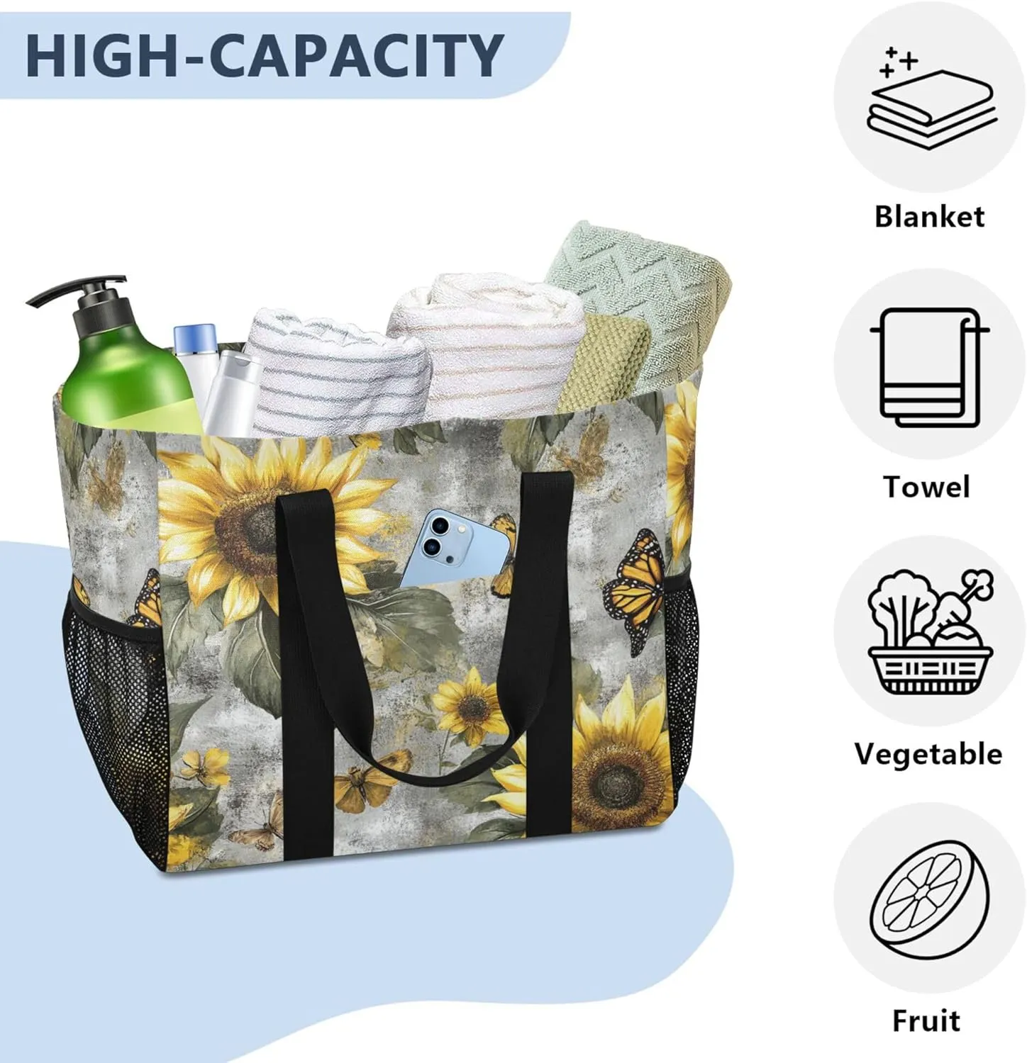KLL Beach Tote Bag with Handles Collapsable With Pockets Reusable Shopping Bag