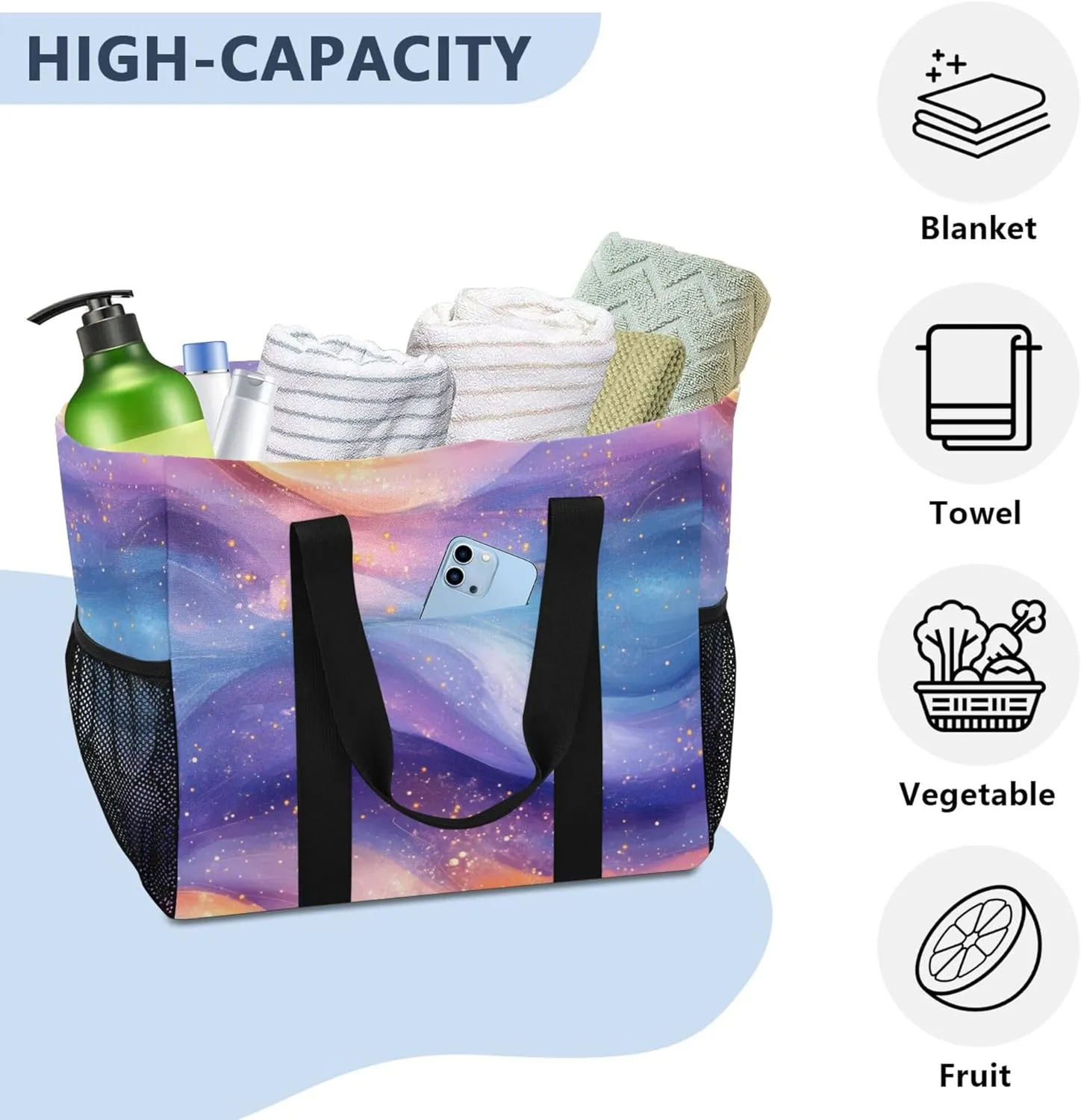 KLL Beach Tote Bag with Handles Foldable Sandproof Laundry Bag Travel