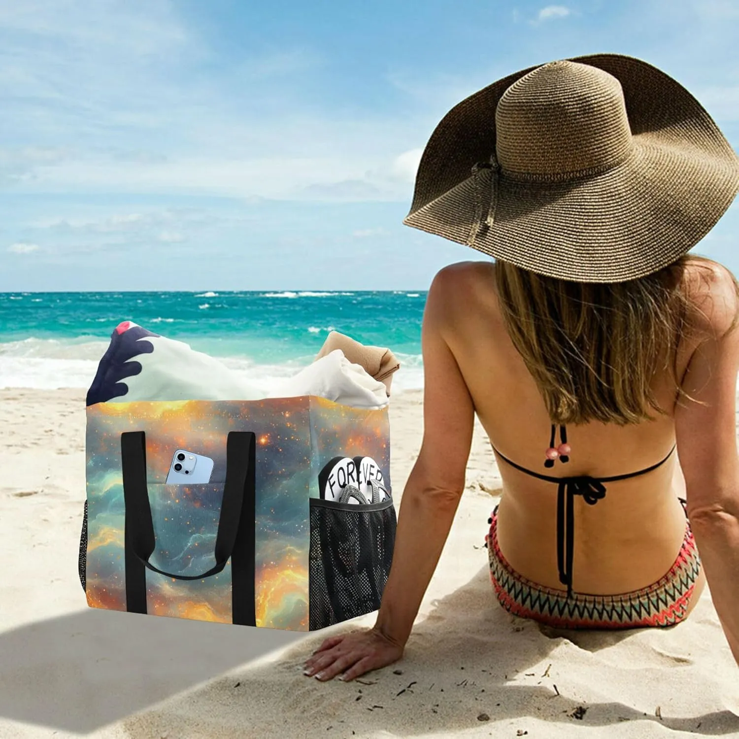 KLL Beach Tote Bag with Handles Foldable Sandproof Laundry Bag Travel