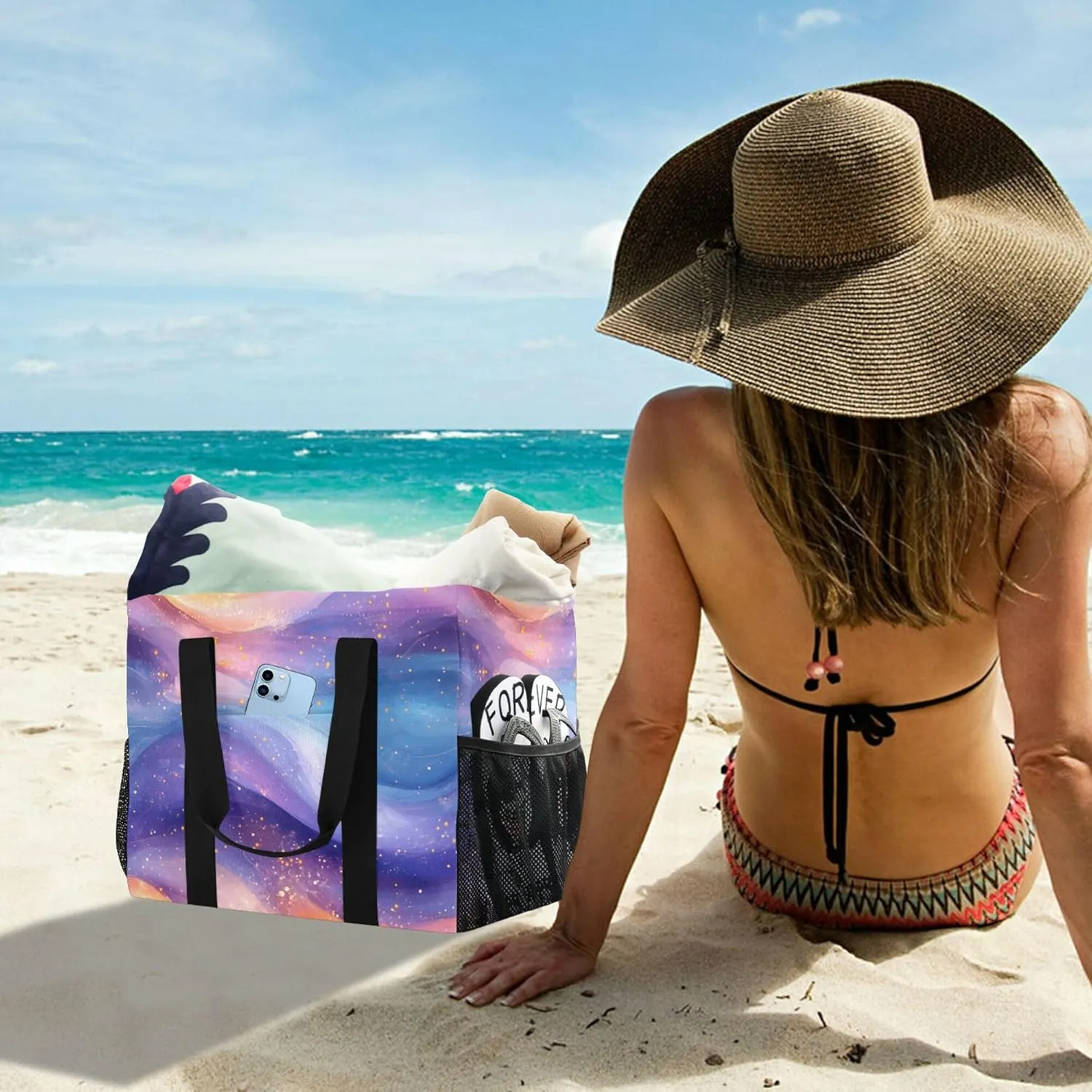 KLL Beach Tote Bag with Handles Foldable Sandproof Laundry Bag Travel