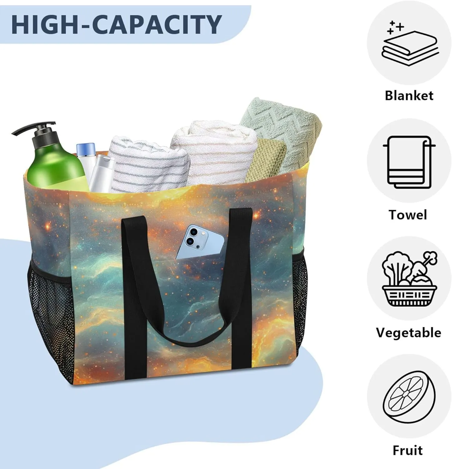 KLL Beach Tote Bag with Handles Foldable Sandproof Laundry Bag Travel