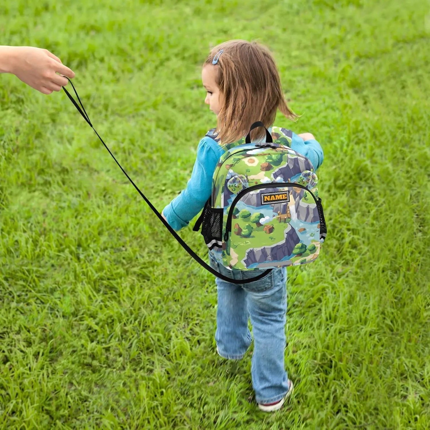 KLL Custom Cute Ears Toddler Day Backpack Leash Little Girls Anti-Lost Personalized Daycare Bag For Toddle with Reflective Strip S Game Map
