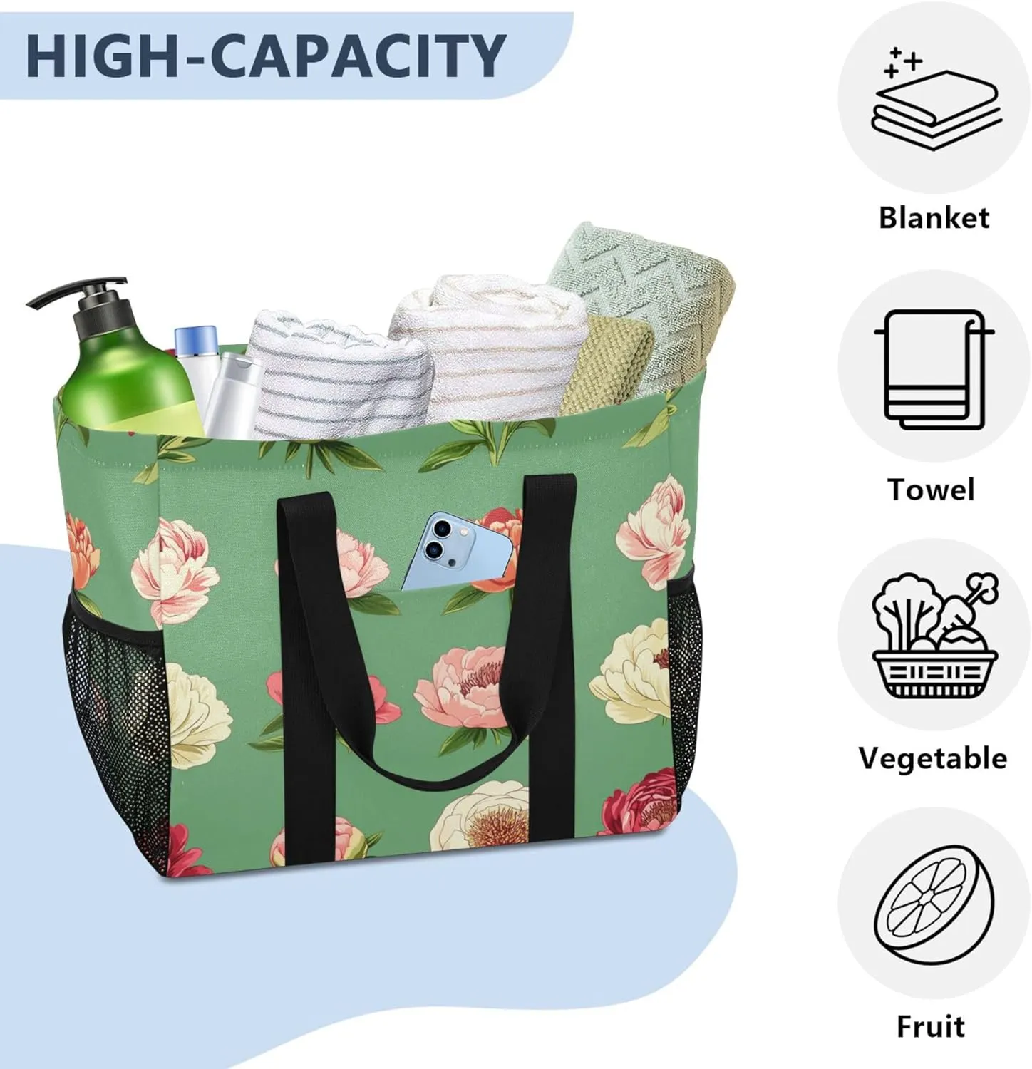 KLL Utility Tote Bag For Women with Handles Collapsable Sandproof Reuseable Shopping Bags