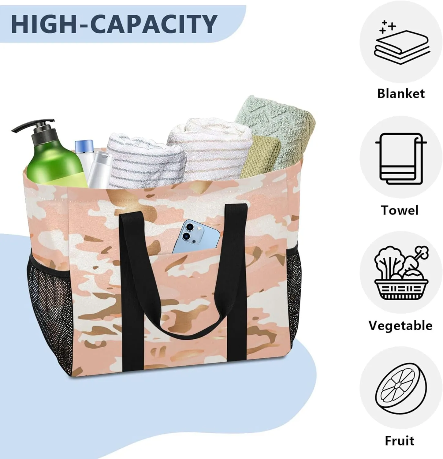 KLL Utility Tote with Handles Collapsable With Pockets Reusable Shopping Bag
