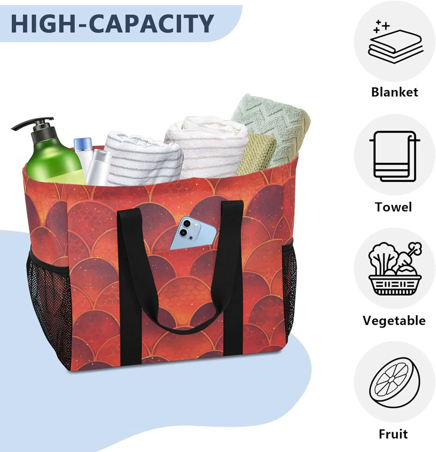 KLL Utility Tote with Handles Collapsable With Pockets Reusable Shopping Bag