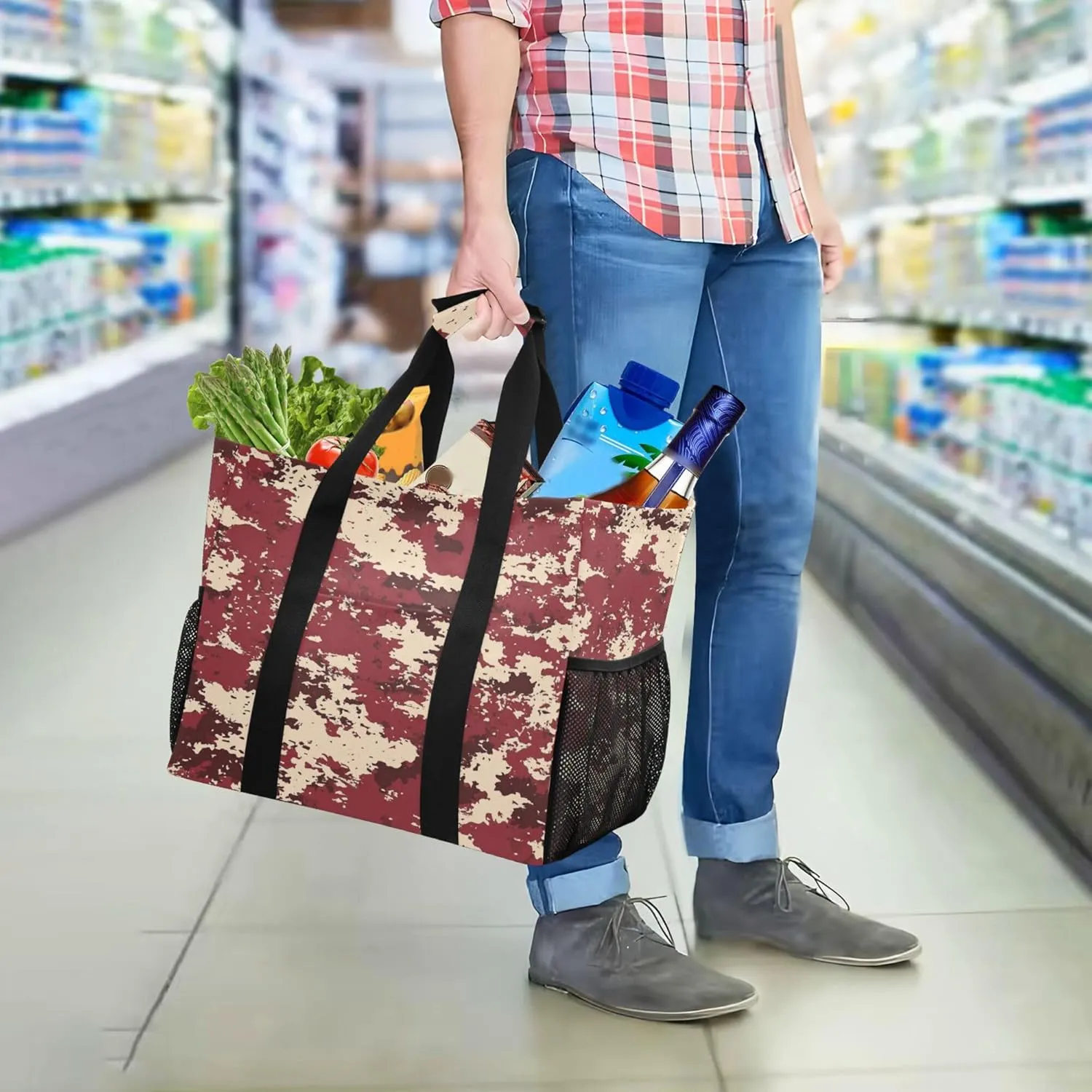 KLL Utility Tote with Handles Collapsable With Pockets Reusable Shopping Bag