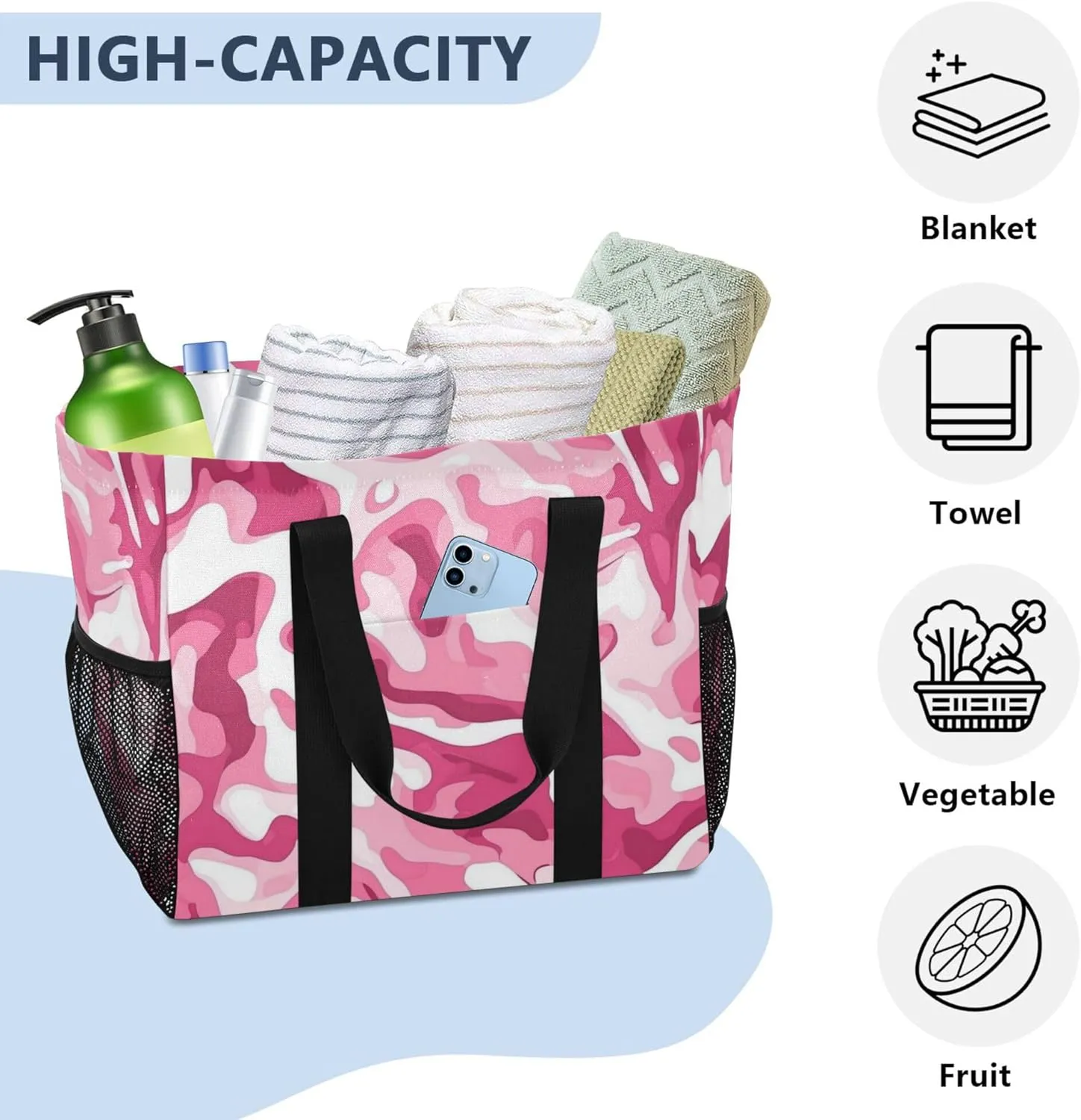 KLL Utility Tote with Handles Collapsable With Pockets Reusable Shopping Bag